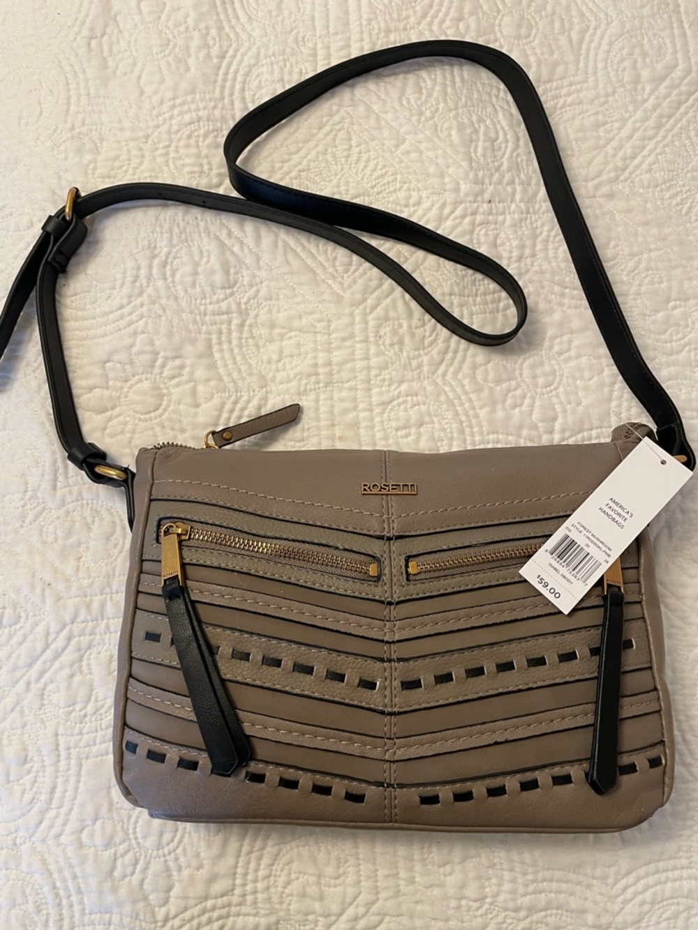 Rosetti Taupe Crossbody with Black Strap and Gold Accents